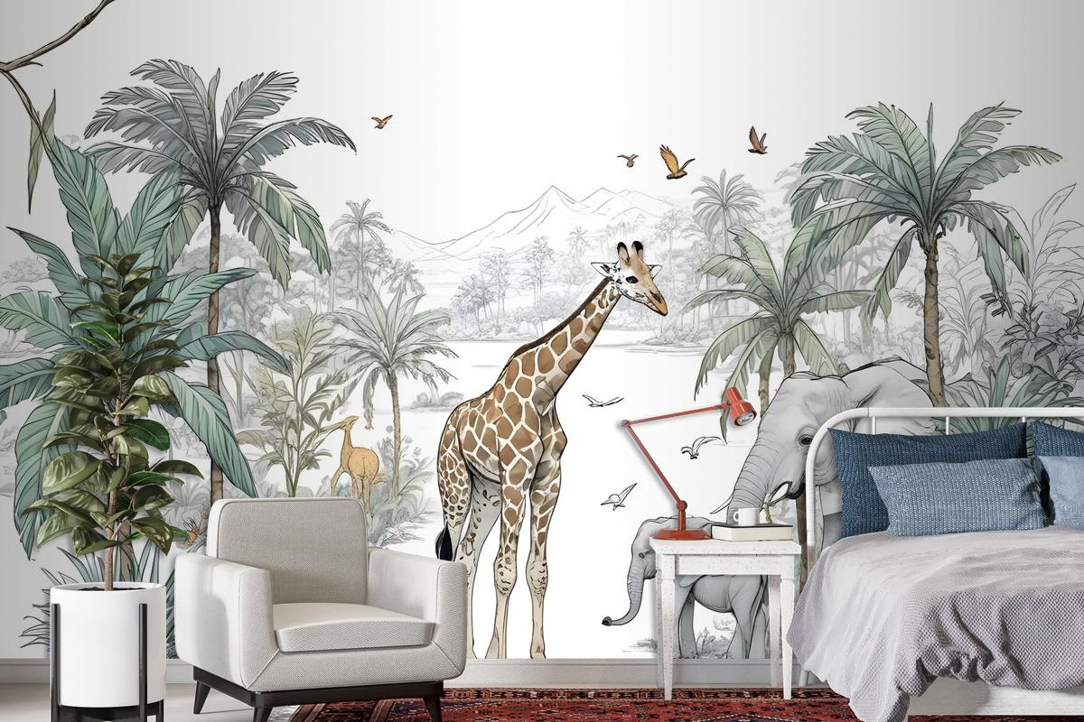 Tropical Animals With Mountain Wallpaper Mural