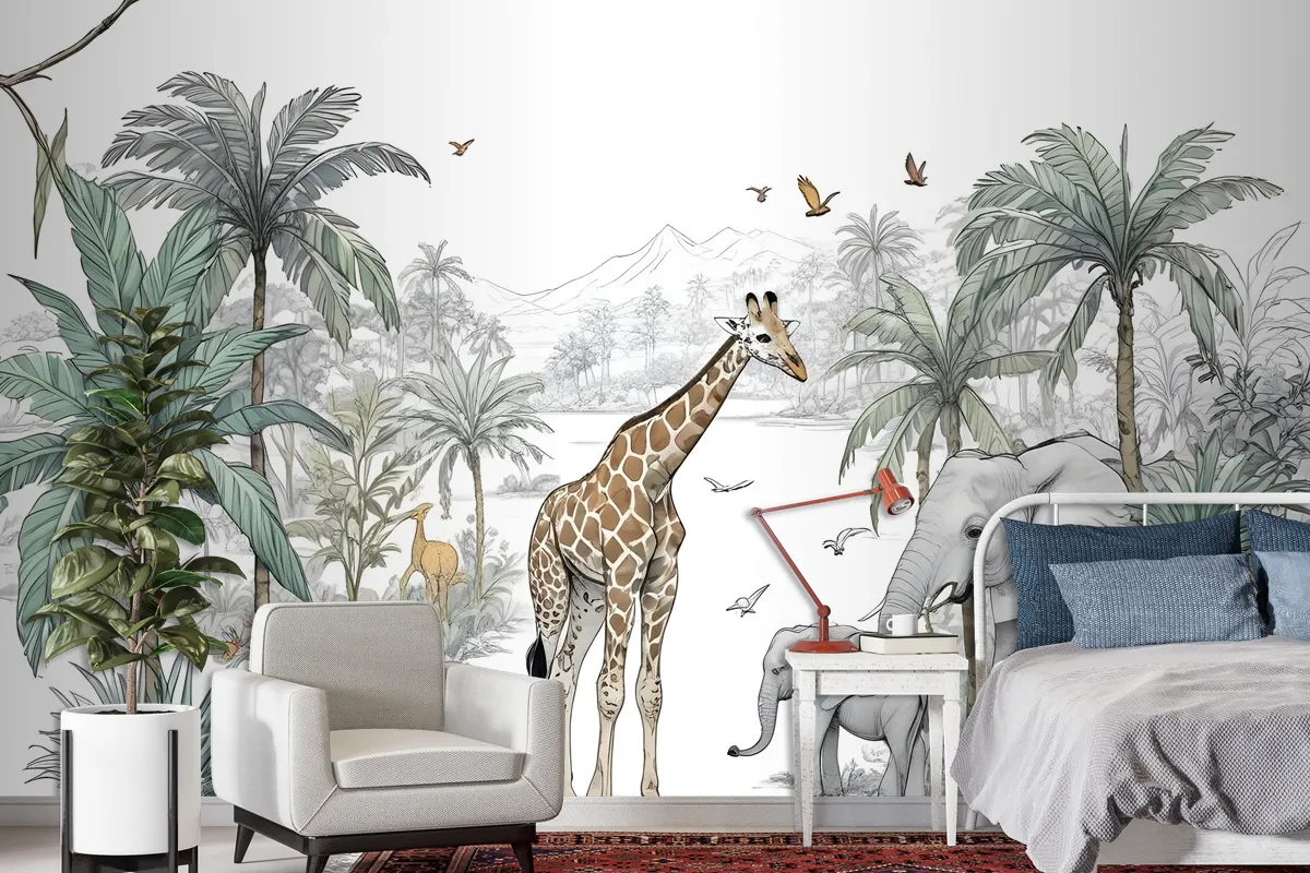 Tropical Animals With Mountain Wallpaper Mural