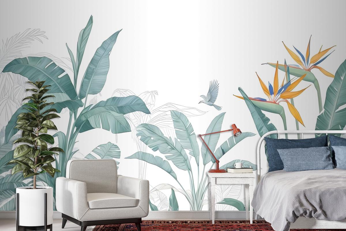 Tropical Banana Leaf With A Bird Wallpaper Mural