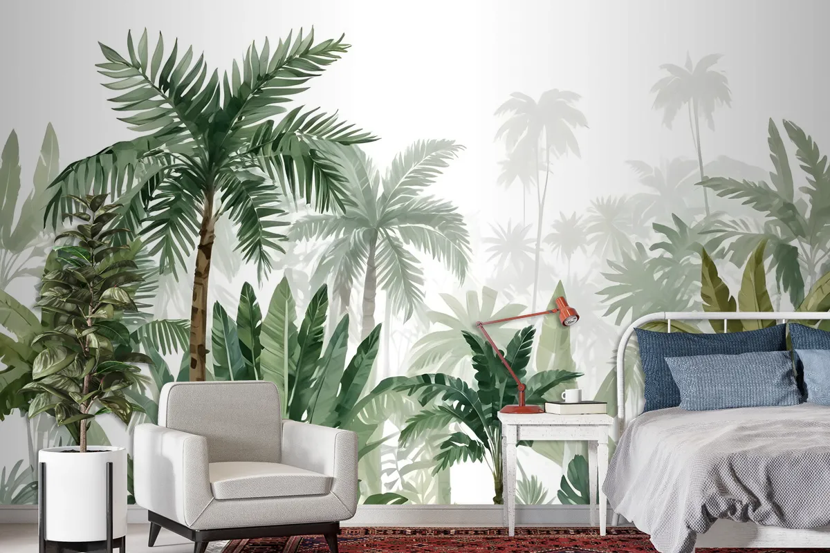 Tropical Cartoon Palm Tree And Banana Leaves Wallpaper Mural