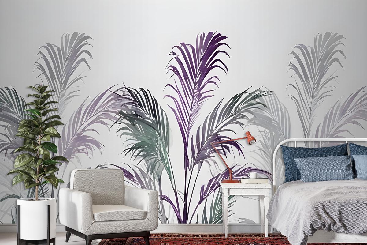 Tropical Fresh Purple Green Palm Leaves Wallpaper Mural