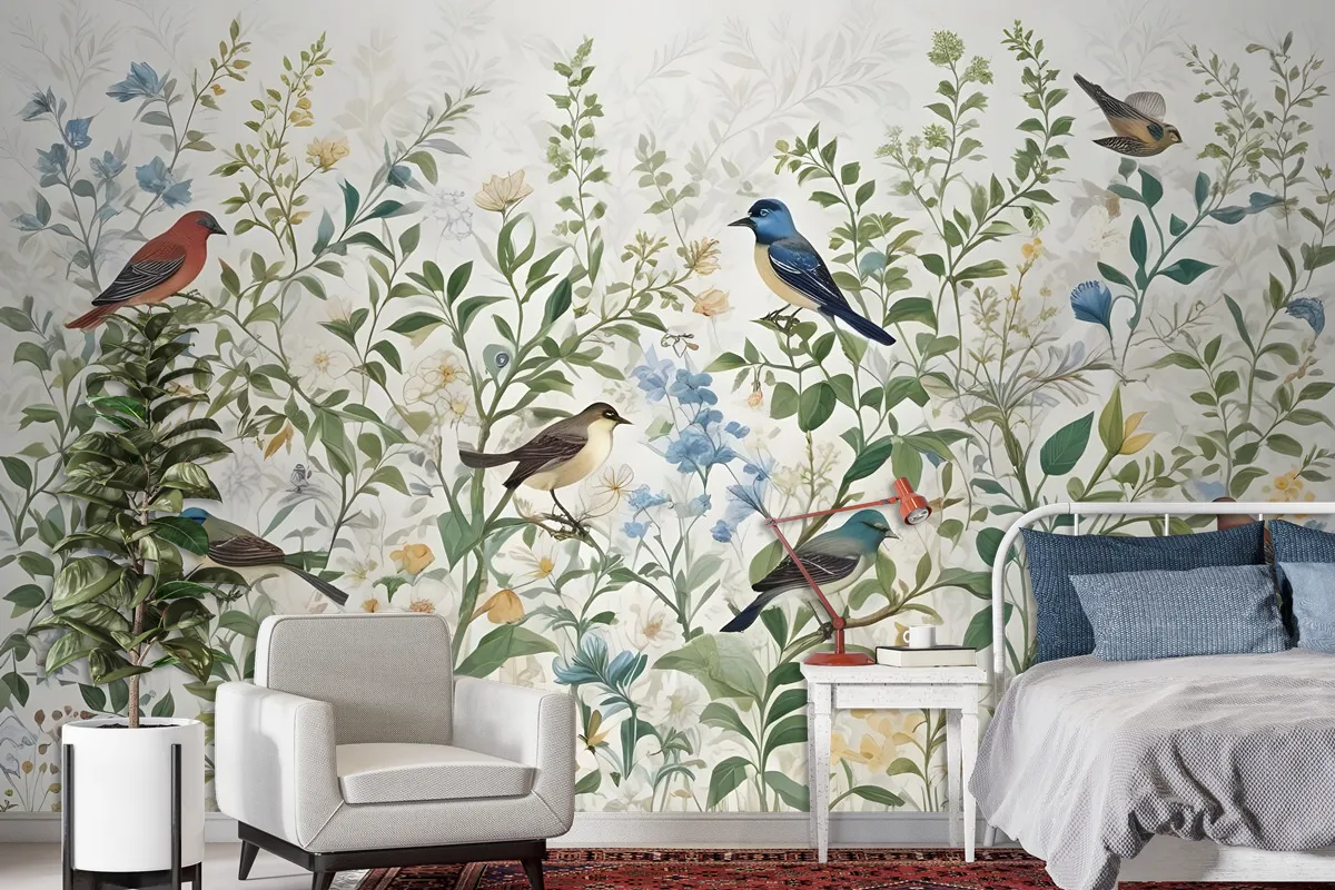 Tropical Green Leaves With Stork Wallpaper Mural