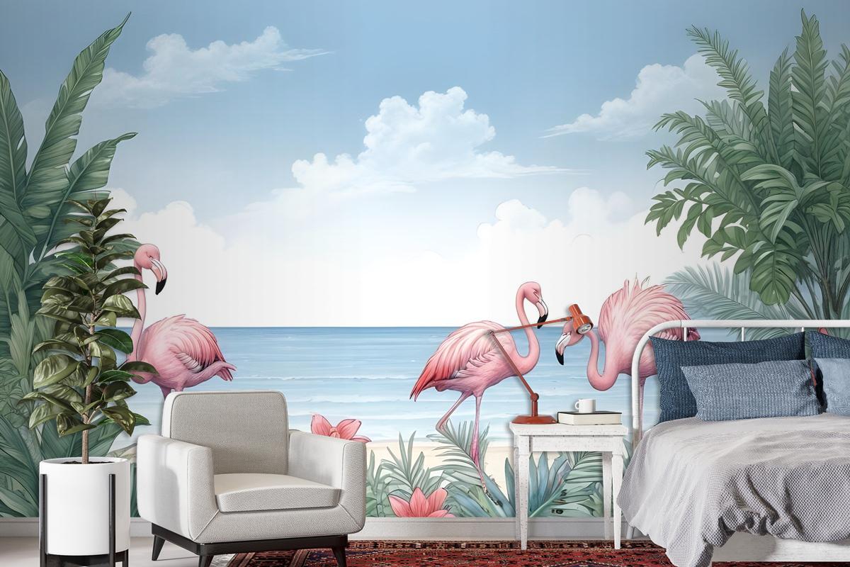 Tropical Landscape With Flamingos Wallpaper Mural