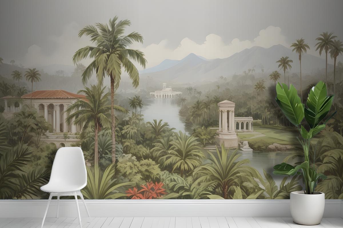 Tropical Landscape With Lush Palm Trees Exotic Plants Wallpaper Mural