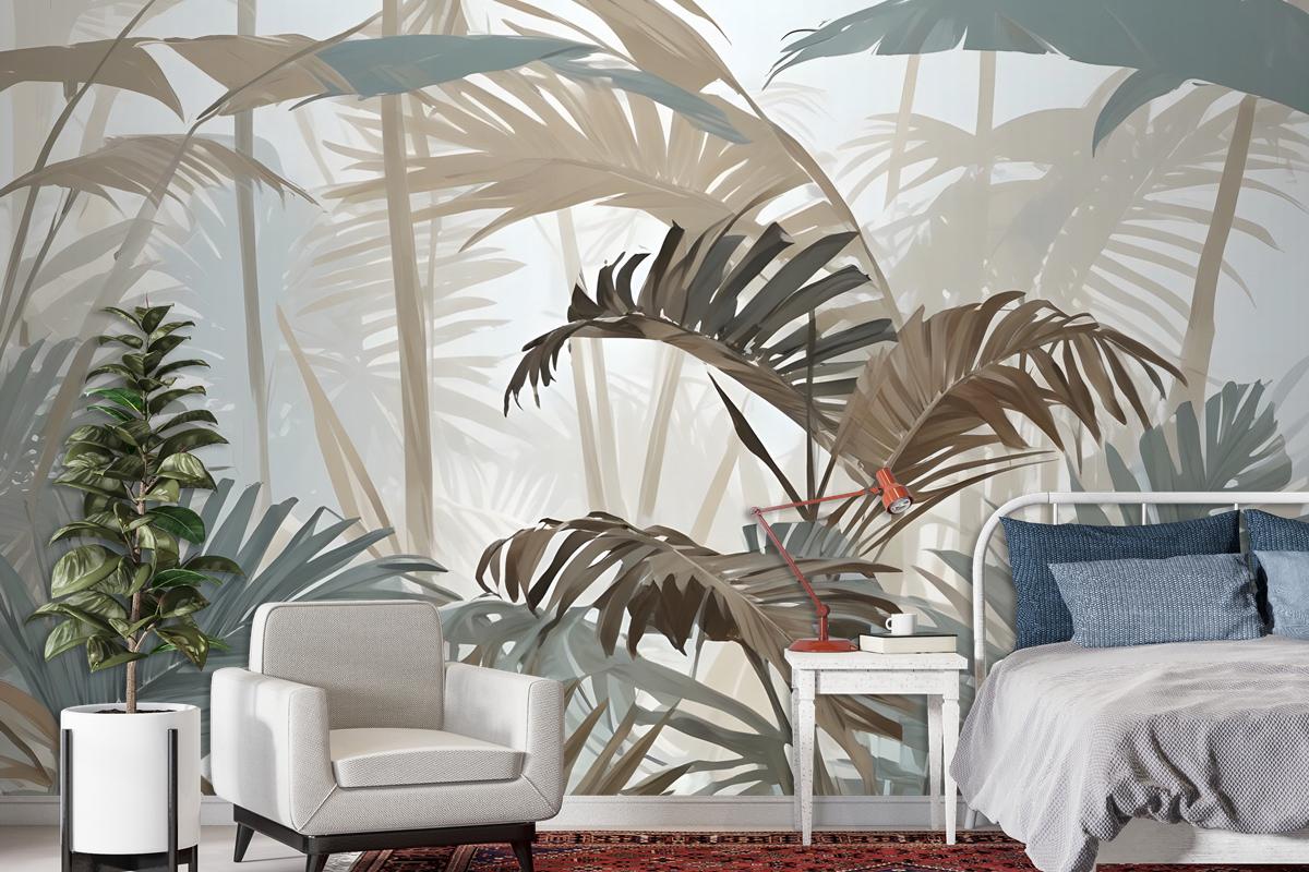 Tropical Leaf Painting With Brush Strokes Wallpaper Mural