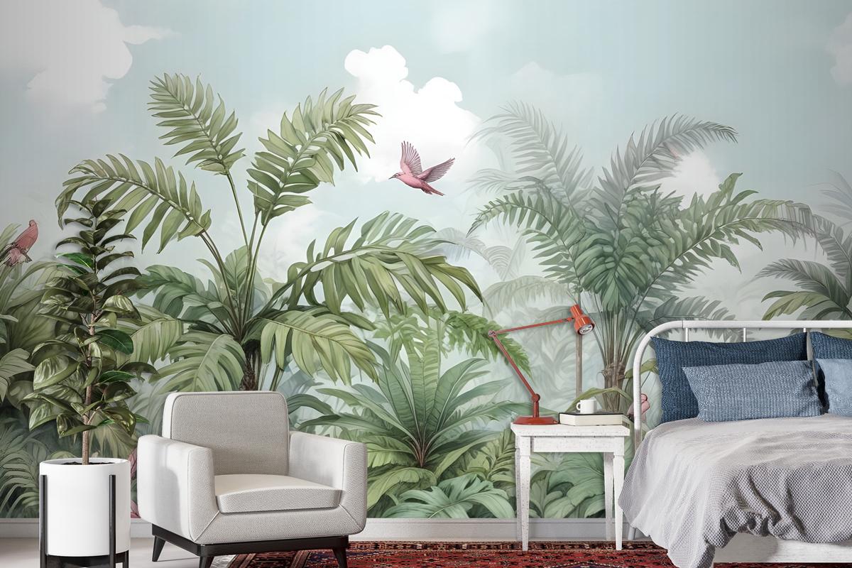 Tropical Leaves With Birds And Florals Wallpaper Mural