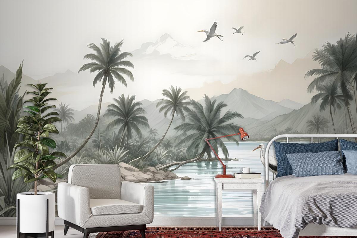 Tropical Nature Landscape With Birds Wallpaper Mural