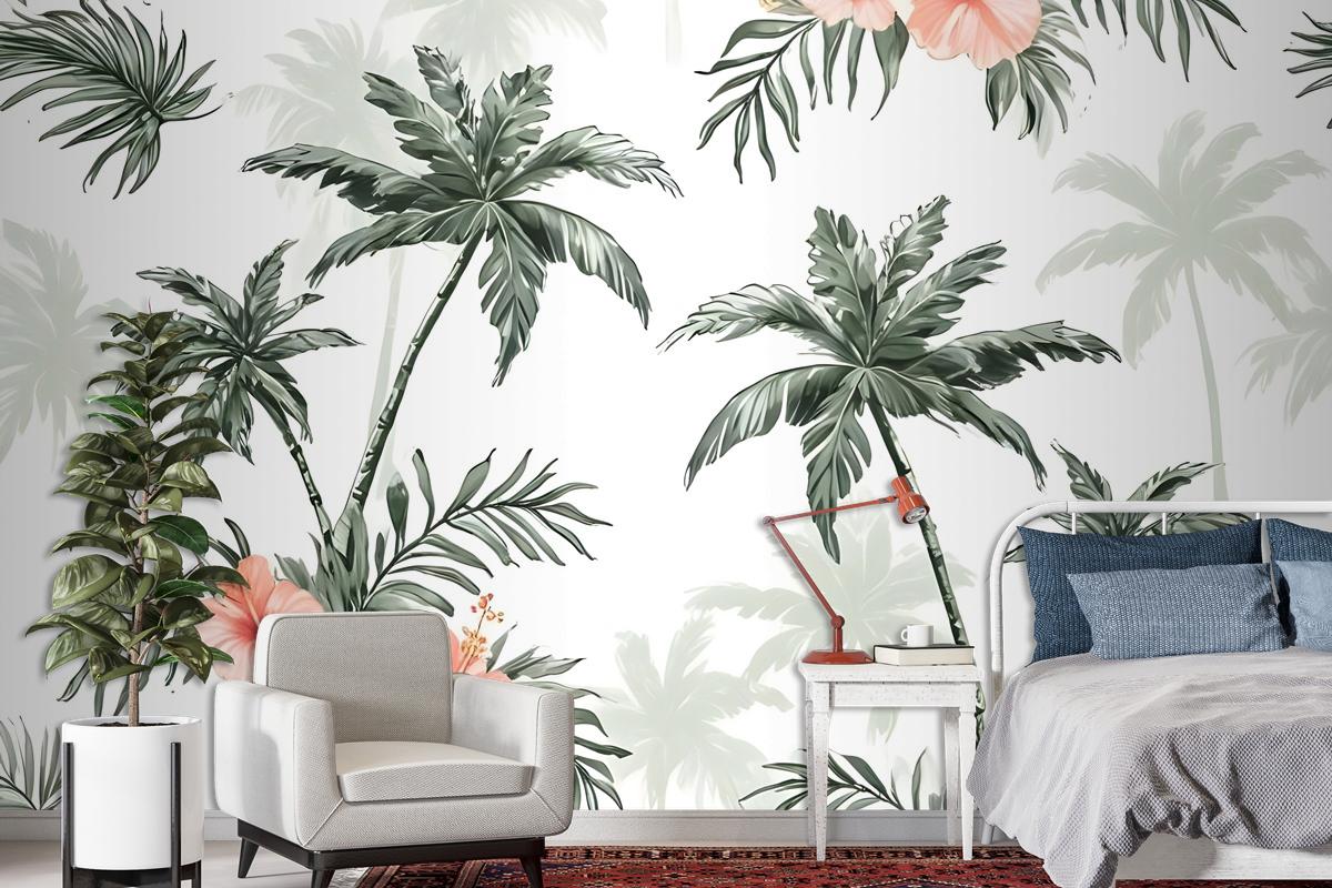 Tropical Palm Tree With Mirabilis Floral Pattern Wallpaper Mural