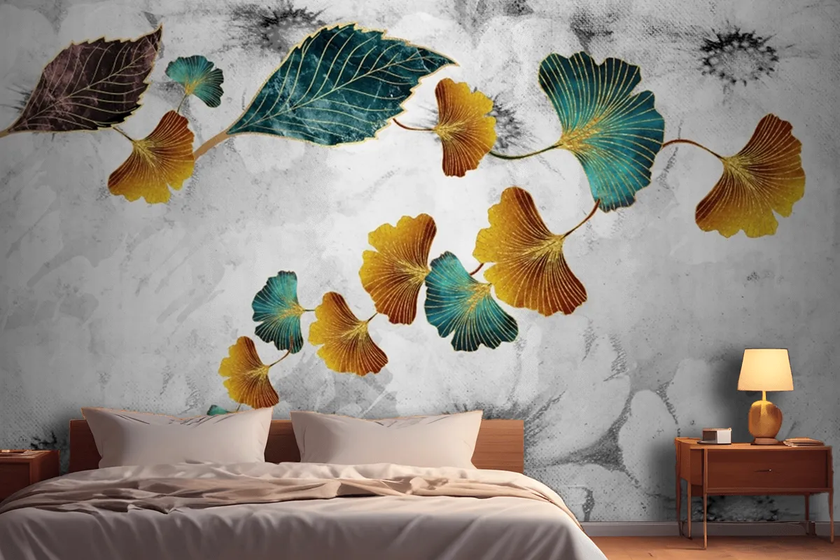 Turquoise And Golden Ginkgo Leaves In Light Gray Canvas Paint Wallpaper Mural