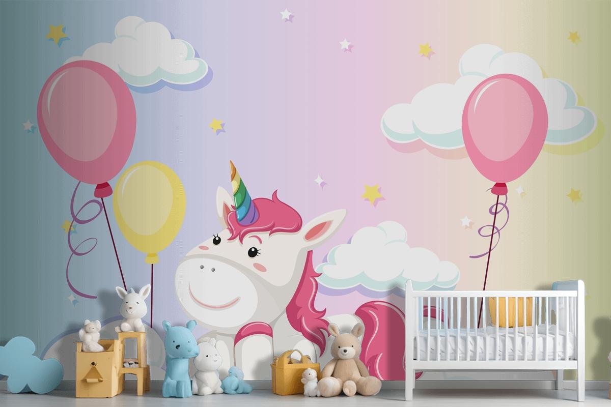 Unicorn Lay On The Cloud On Colorful Pastel Sky Background Wallpaper Mural