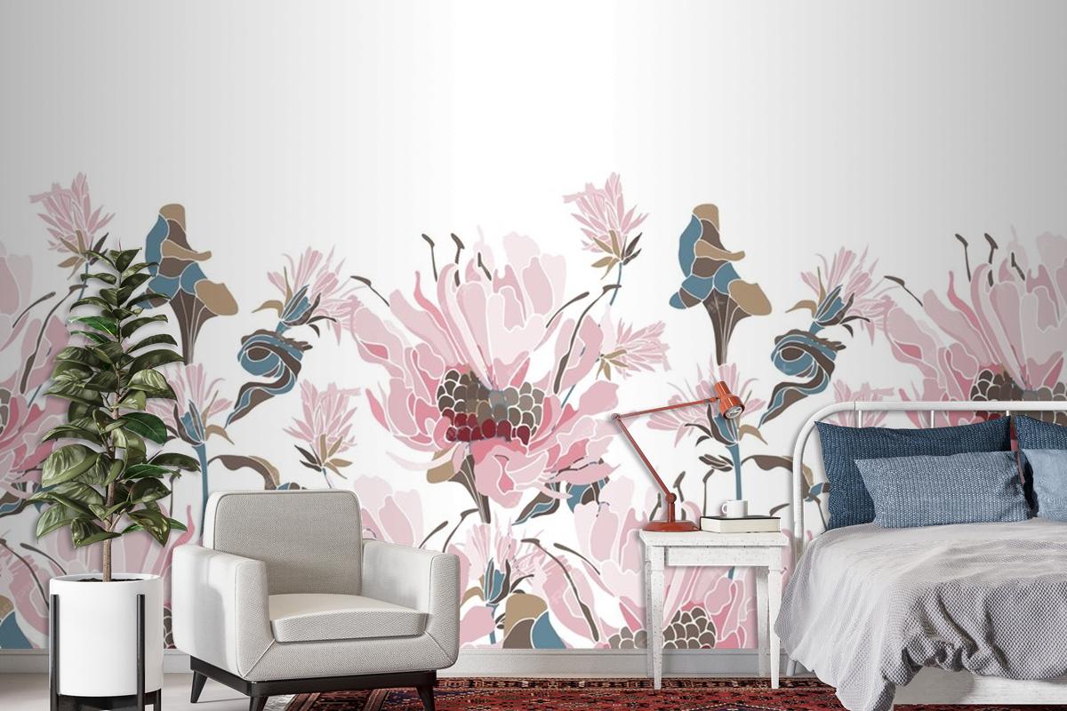 Pink Flowers Herbs Wallpaer Mural