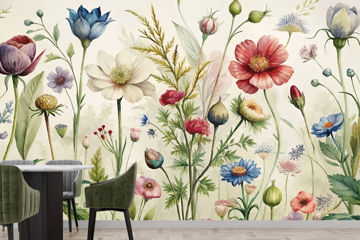 Vintage Botanical Style Wildflower Watercolor Wallpaper Mural