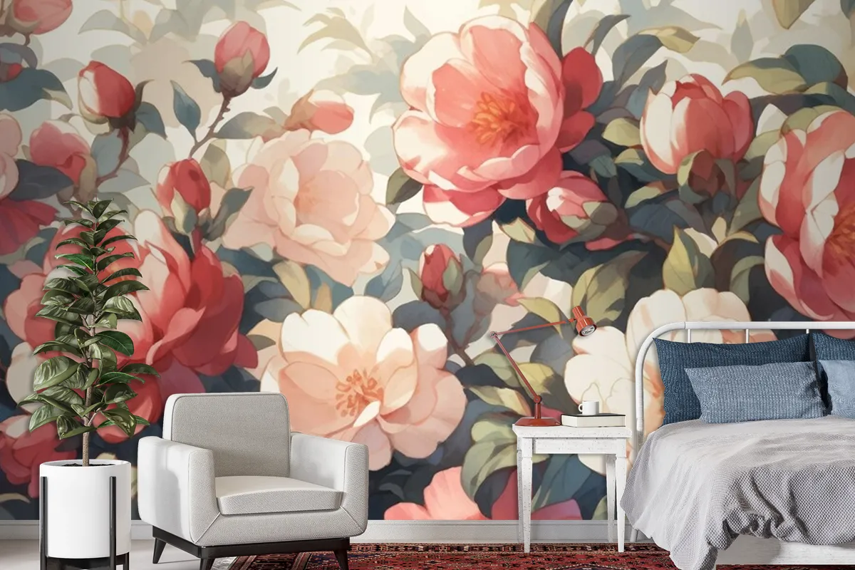 Vintage Camellia Pattern With White Background Wallpaper Mural