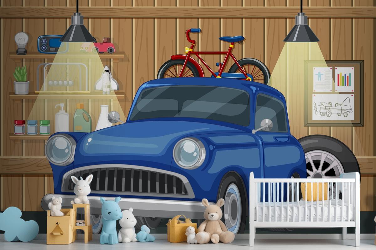 Vintage Car And Bicycle In Wooden Garage Wallpaper Mural