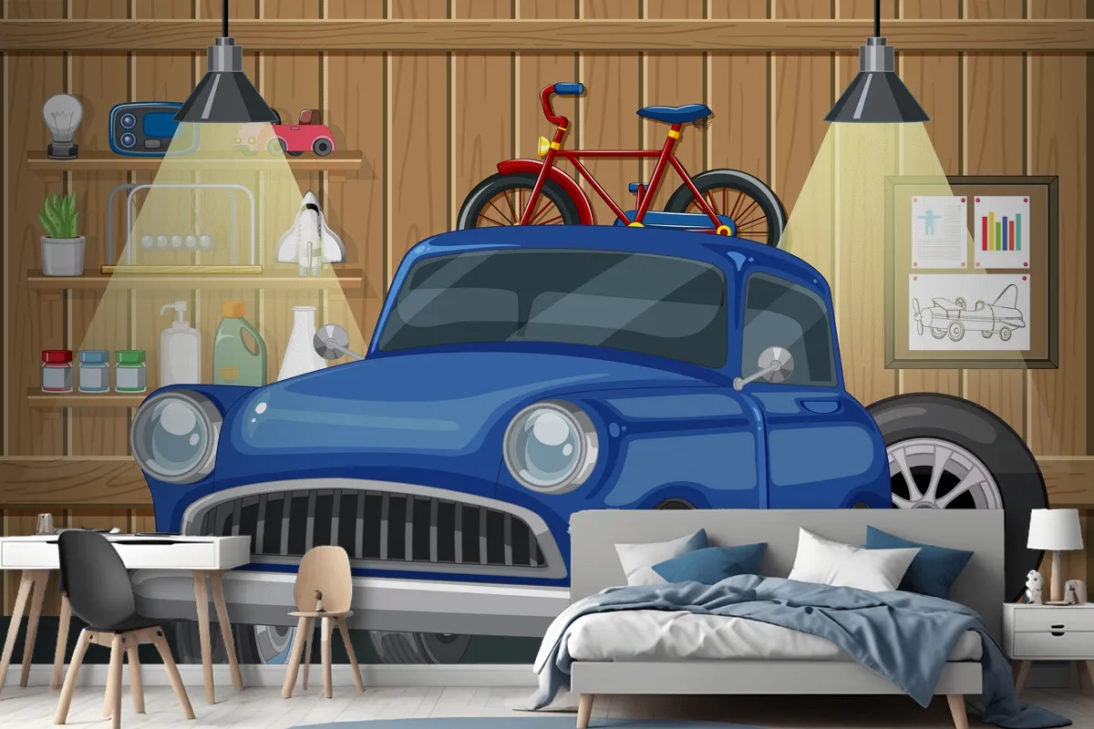 Vintage Car And Bicycle In Wooden Garage Wallpaper Mural