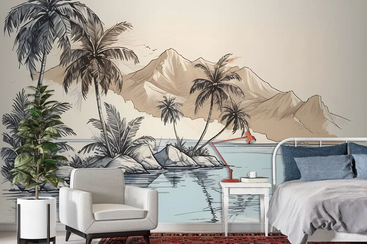 Vintage Charcoal Tropical Palm Tree And Summer Beach Wallpaper Mural