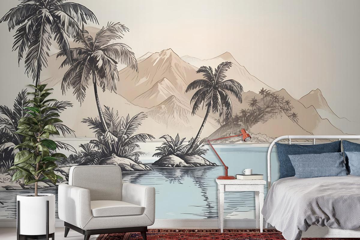 Vintage Charcoal Tropical Palm Tree And Summer Beach Wallpaper Mural