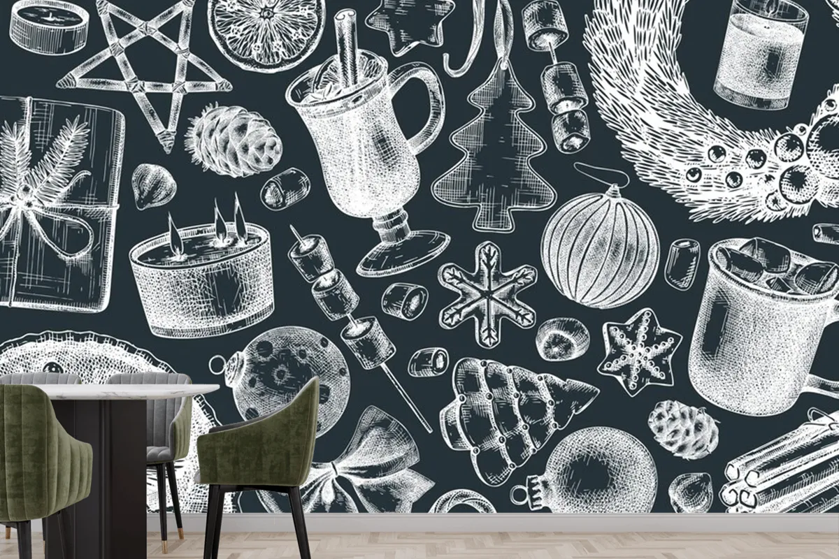 Vintage Christmas Banner Design On A Chalkboard Handsketched Holiday Wallpaper Mural