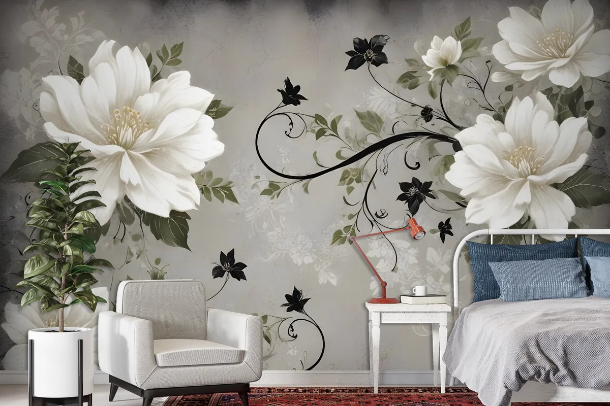 Vintage Cream Flowers Art Wallpaper Mural