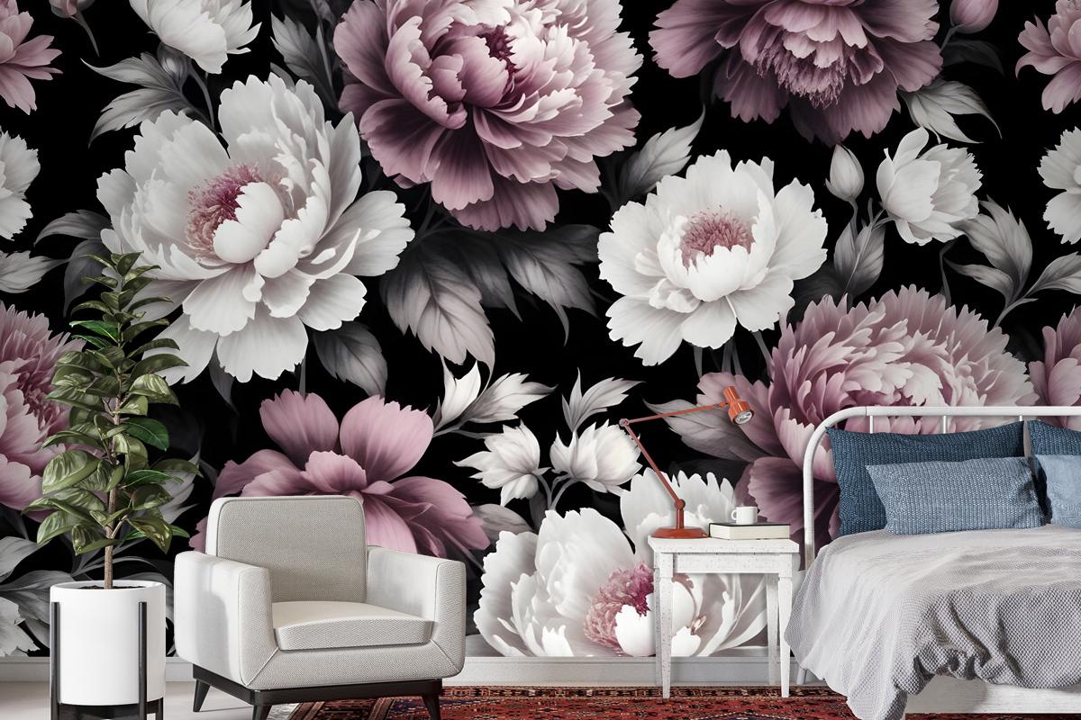 Vintage Dark Large Peony Flower Wallpaper Mural