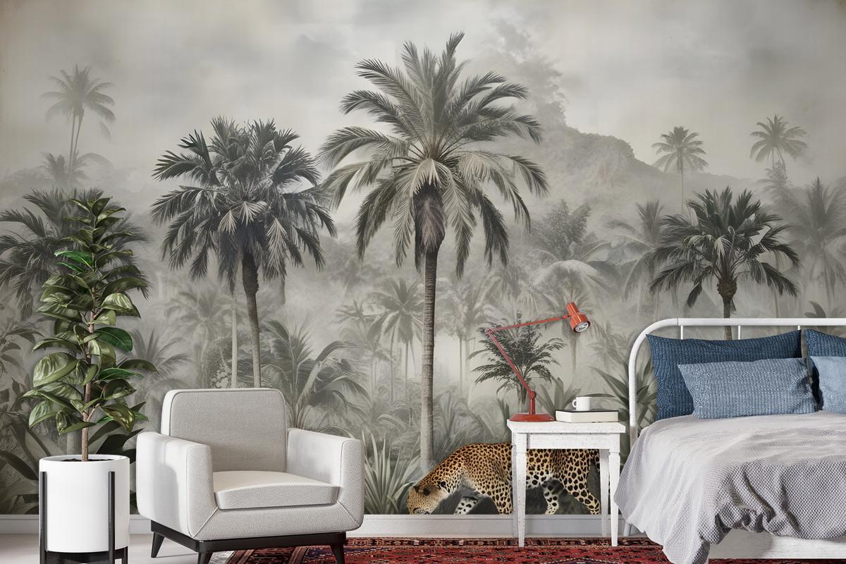 Vintage Exotic Landscape With Wild Leopard Wallpaper Mural