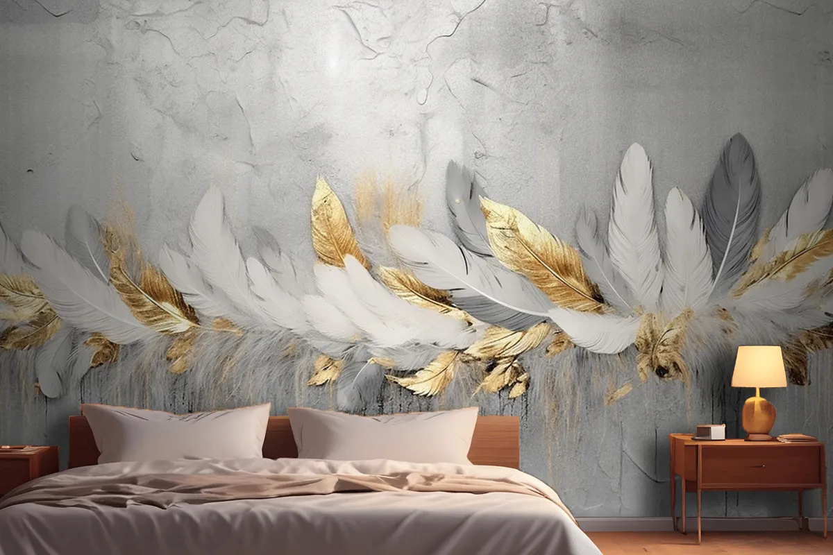 Vintage Feathers Blue Gold Brushstrokes Wallpaper Mural