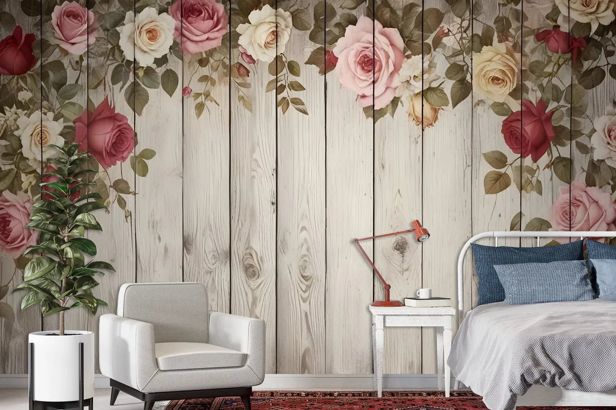 Vintage Floral With Wood Wall Wallpaper Mural