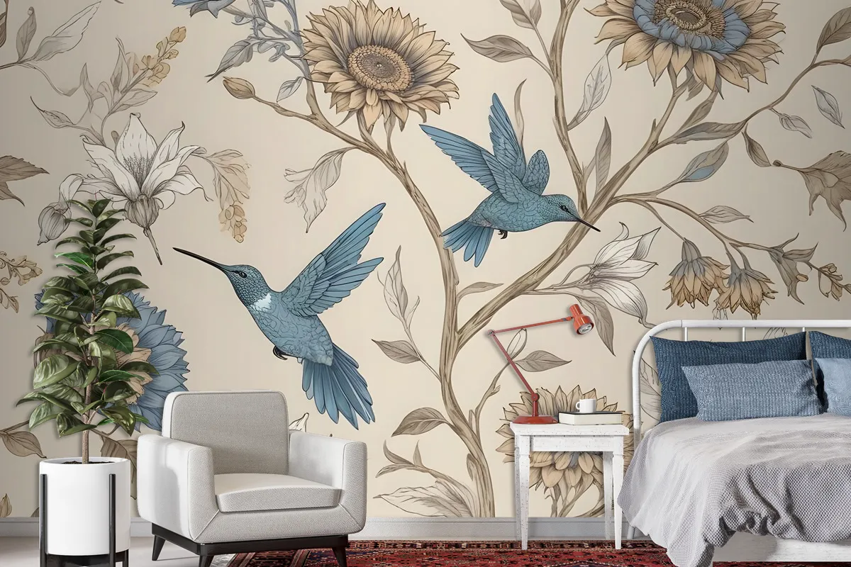 Vintage Flower With Hummingbird Wallpaper Mural