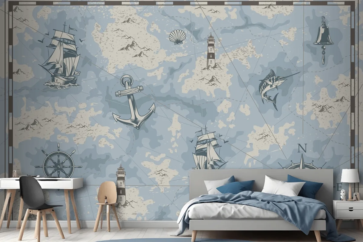 Vintage Nautical Old Map Wallpaper Mural