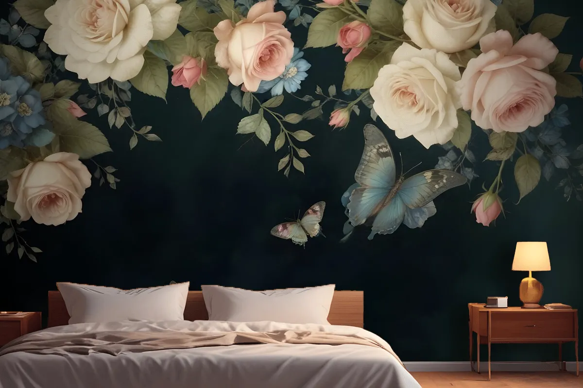 Vintage Oil Painting Dark Roses Wallpaper Mural