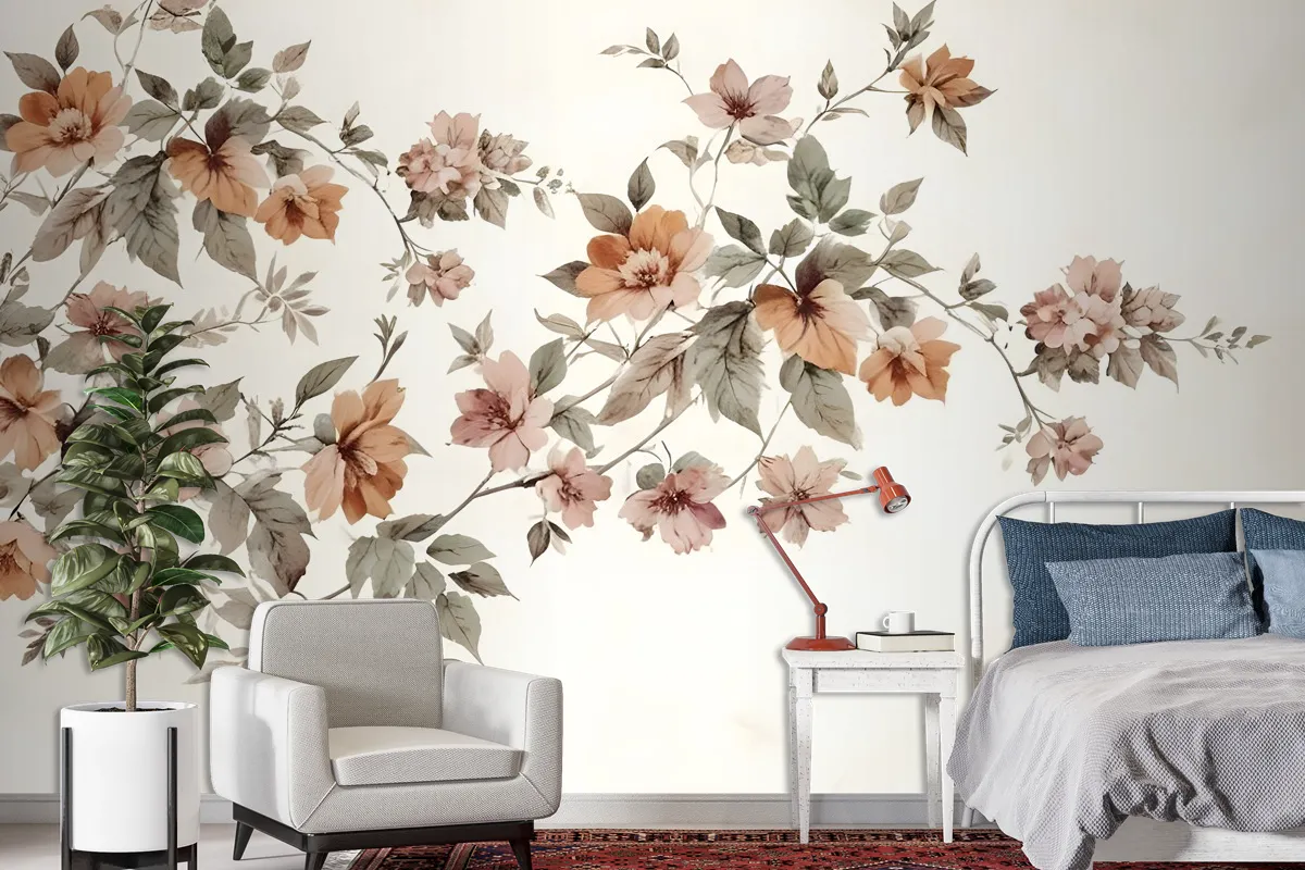 Vintage Orange Brown Flowers Wallpaper Mural