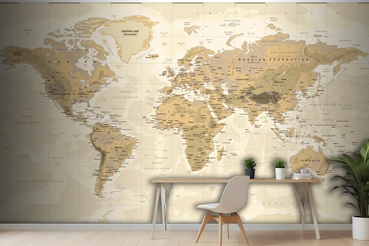 Vintage Physical World Map Wallpaper Mural