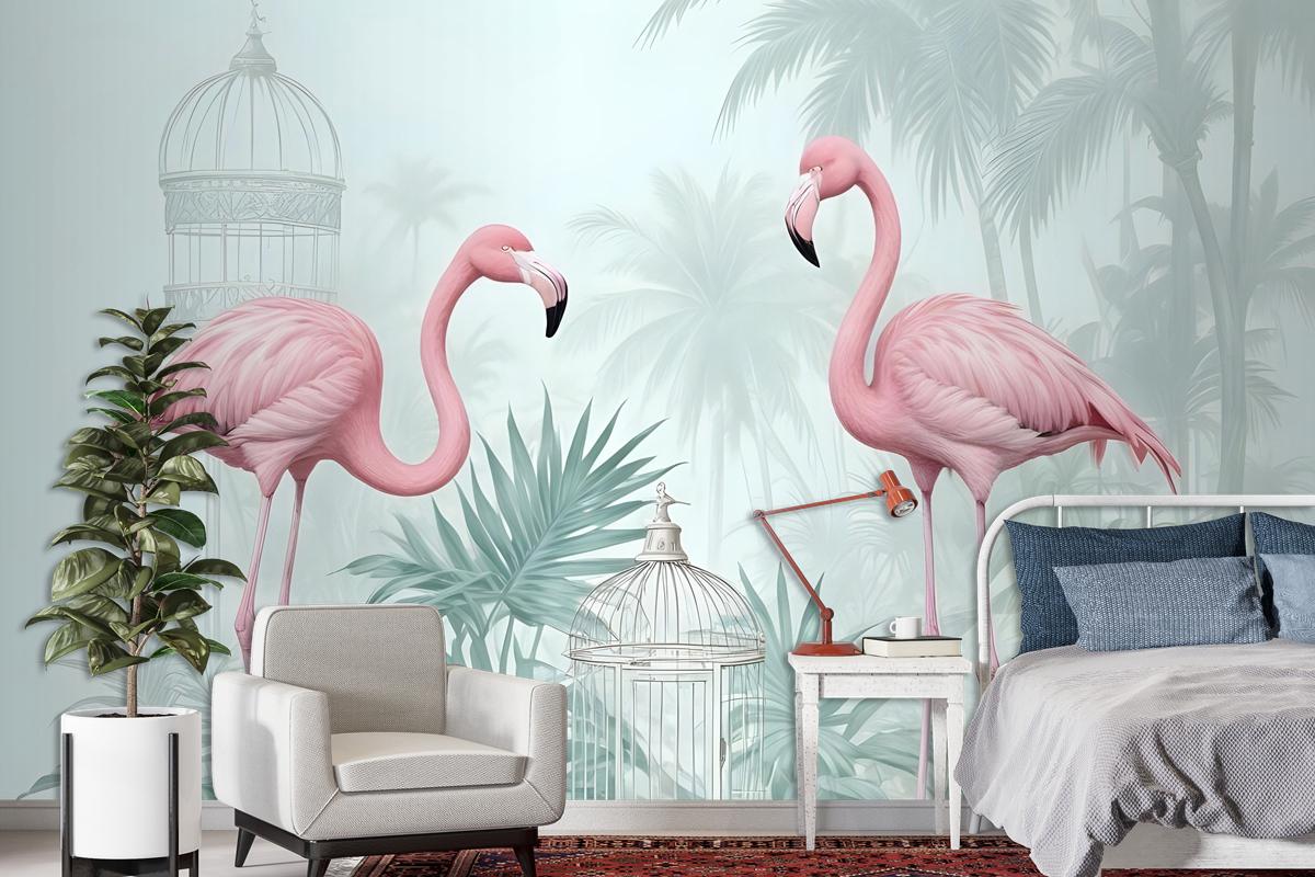 Vintage Pink Flamingo With Tropical Leaves Wallpaper Mural