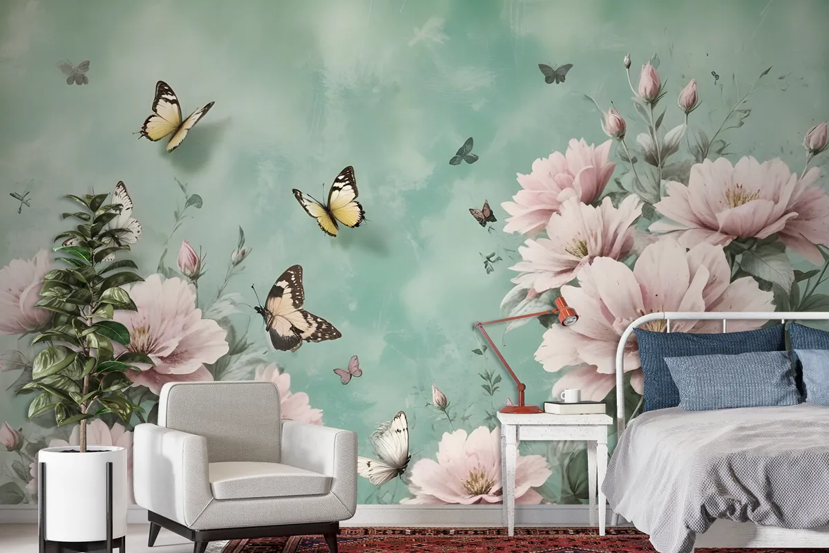 Vintage Pink Floral And Yellow Butterfly Wallpaper Mural