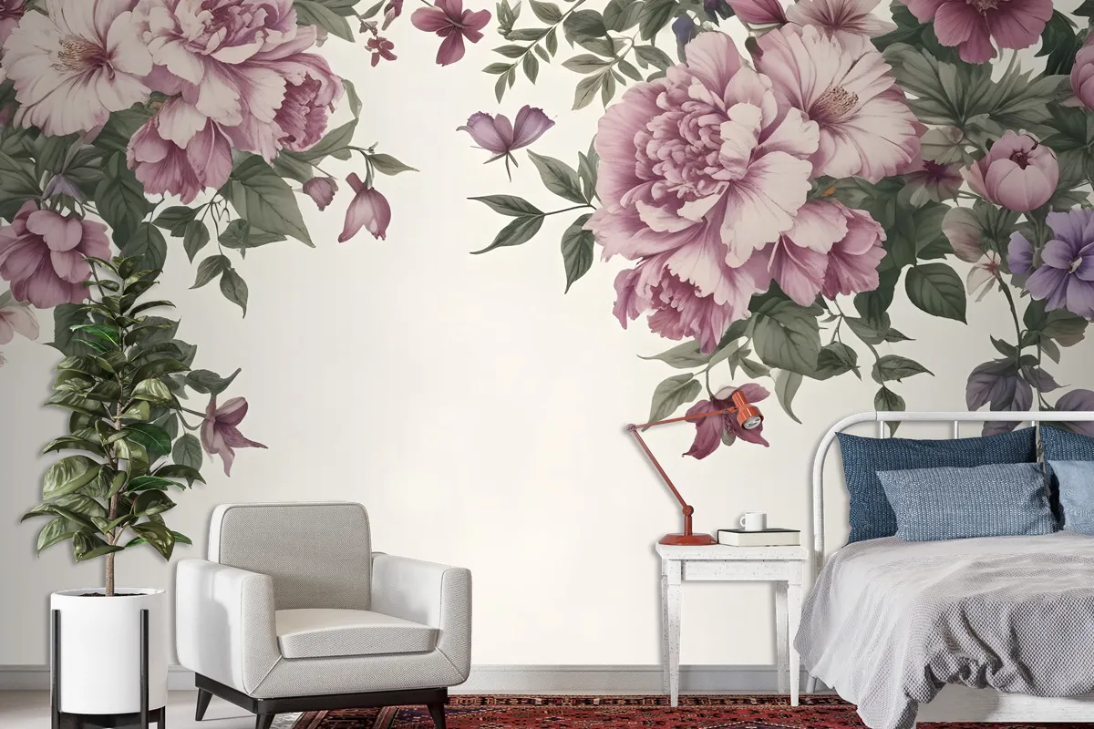 Vintage Pink Floral Art Wallpaper Mural