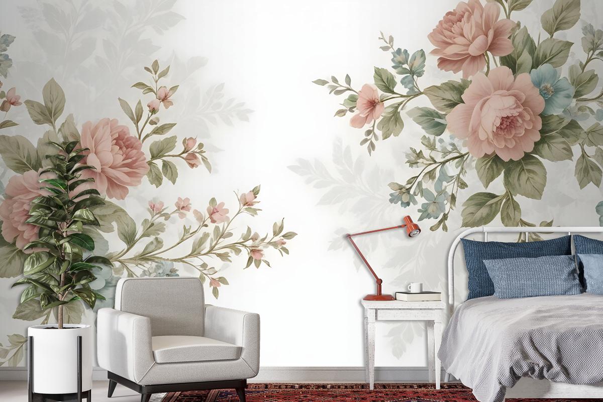 Vintage Pink Flowers Wallpaper Mural