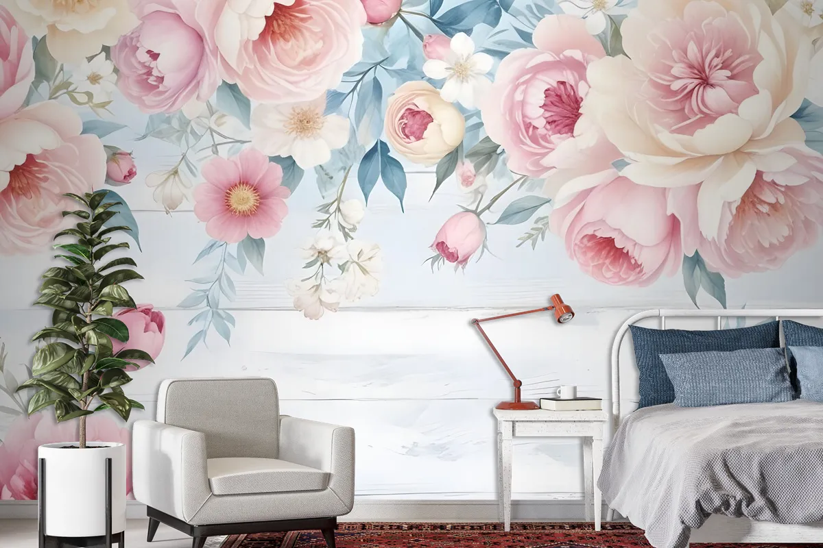 Vintage Watercolor Pink Flowers Wallpaper Mural