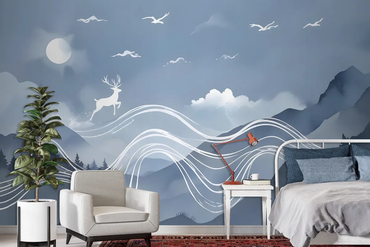 Watercolor Abstract Lines And Horned Deer Wallpaper Mural