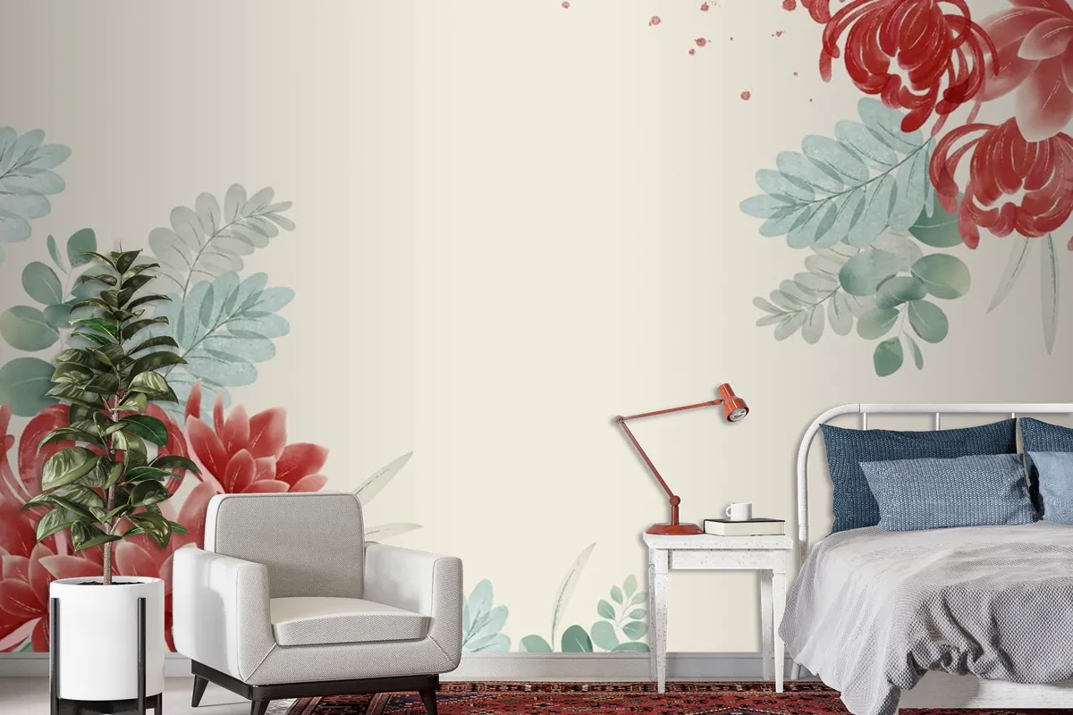 Watercolor Asian Flowers Wallpaper Mural