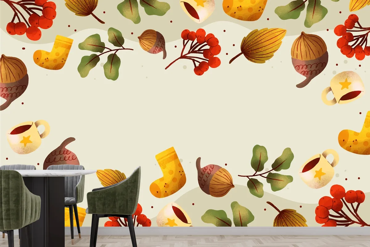 Watercolor Autumn Kitchen Wallpaper Mural