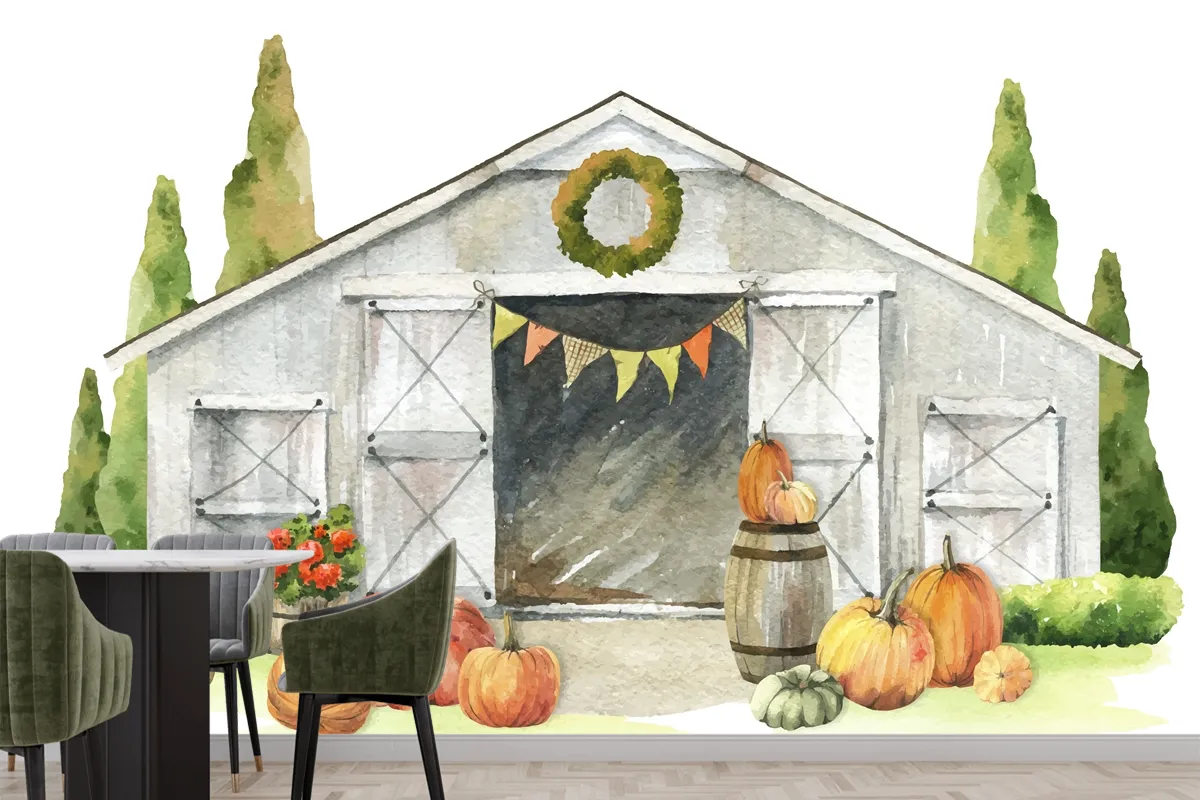 Watercolor Autumn Wooden Barn Pumpkin Harvest Wallpaper Mural