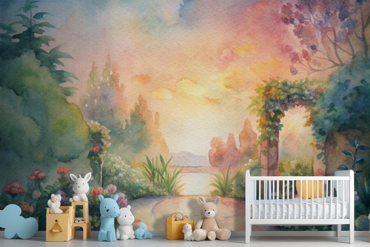 Watercolor Background Featuring A Flower Garden Wallpaper Mural