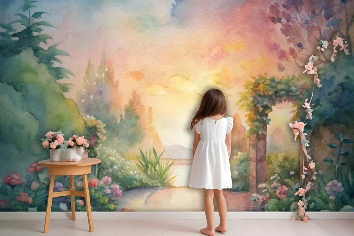 Watercolor Background Featuring A Flower Garden Wallpaper Mural