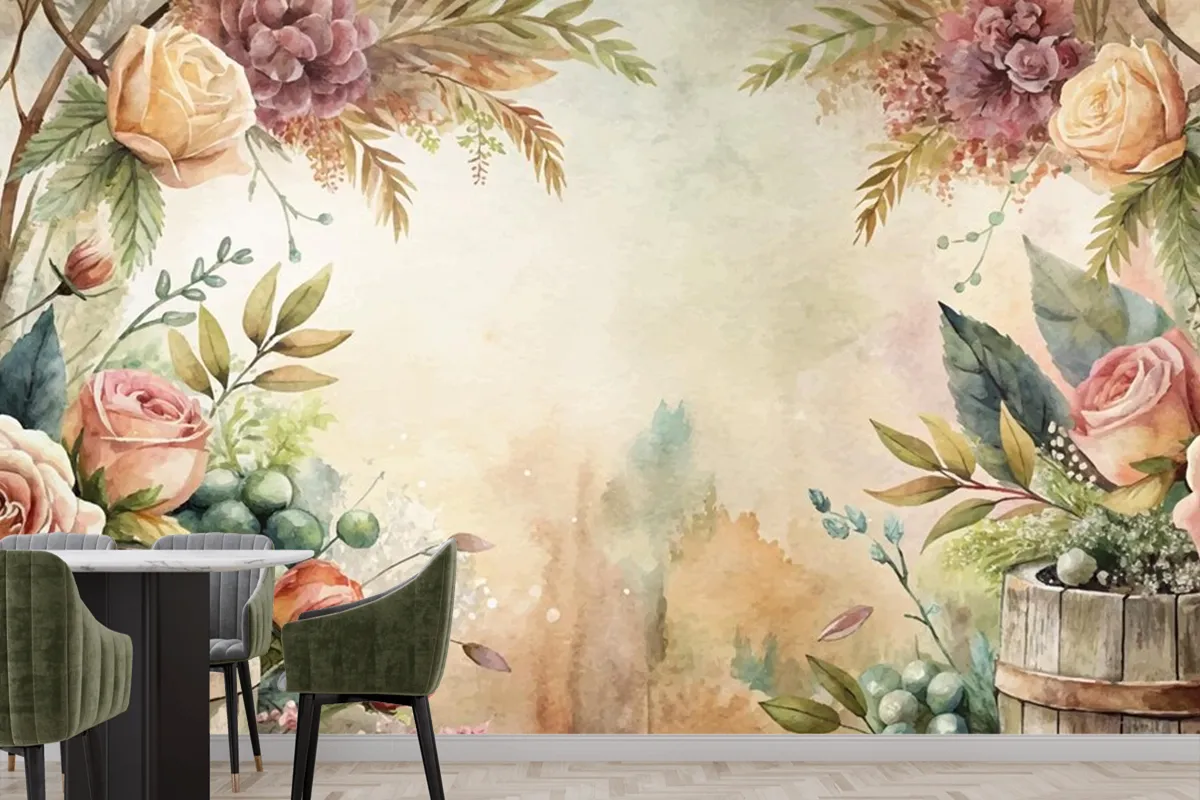 Watercolor Background Featuring An Arrangement Of Rural Flowers Wallpaper Mural