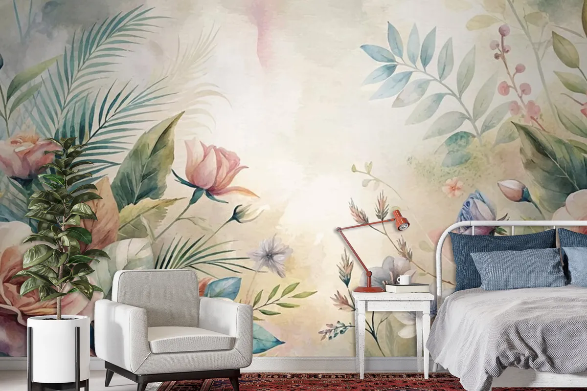 Watercolor Background Featuring Beautiful Flowers Wallpaper Mural