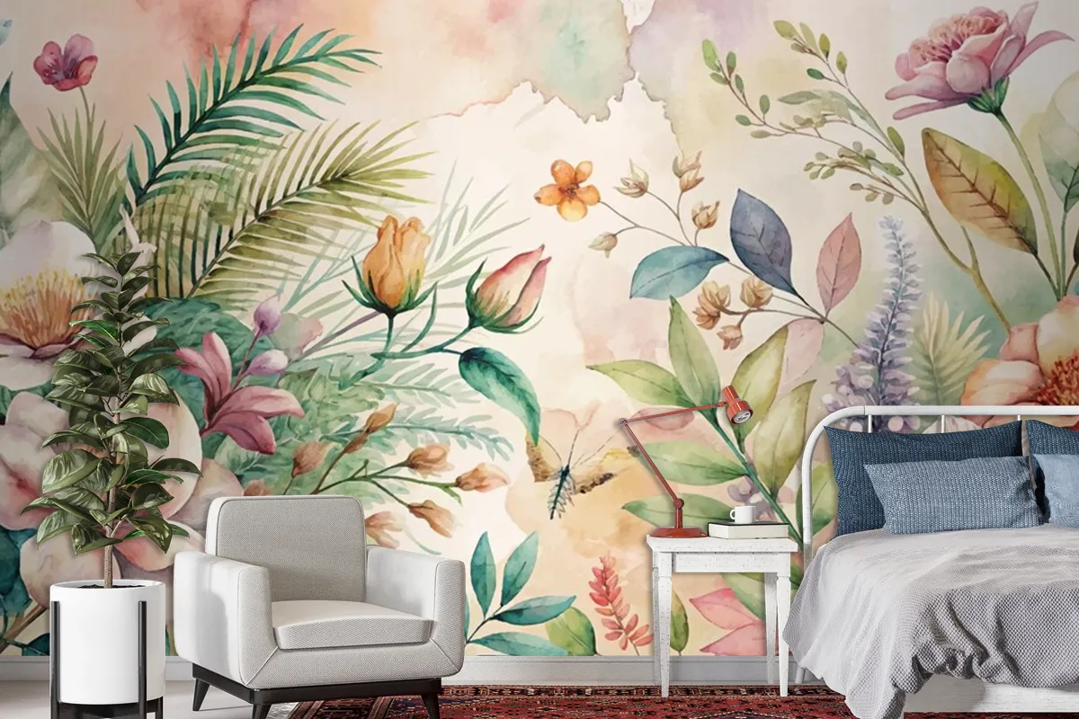 Watercolor Background Featuring Flowers And Lush Plants Wallpaper Mural