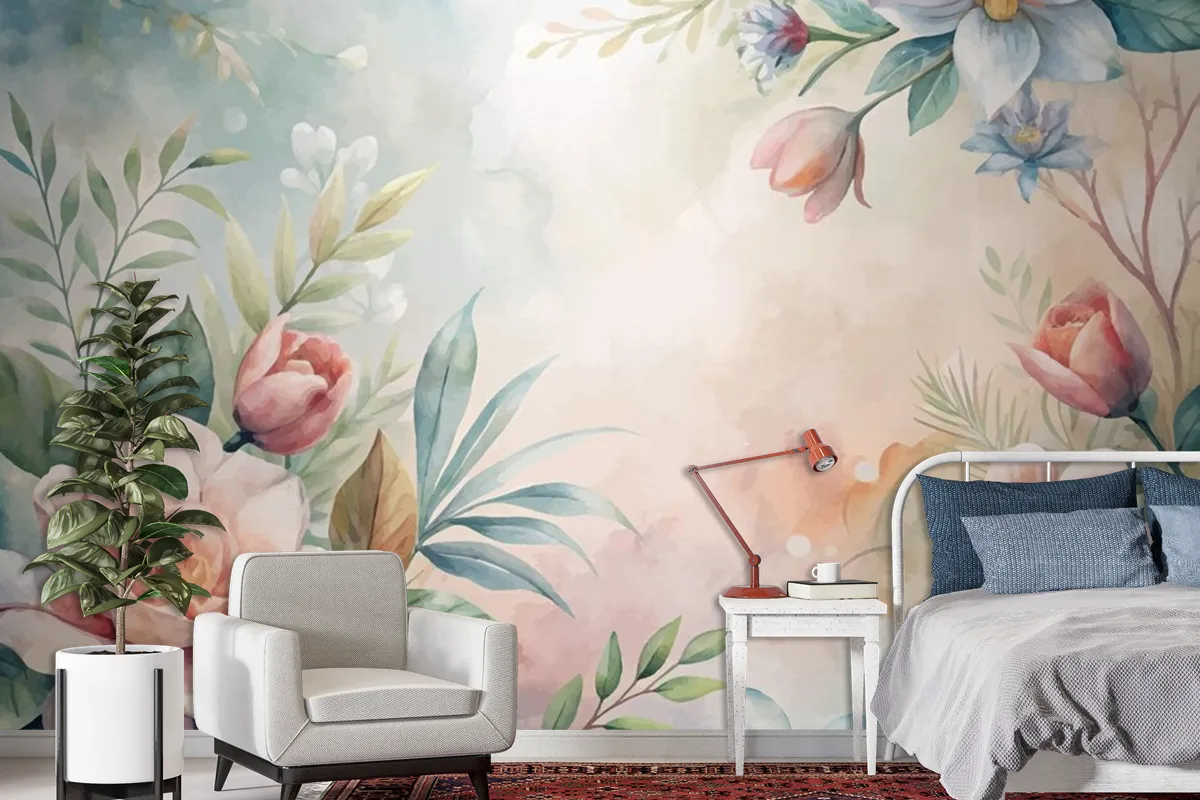 Watercolor Background Of Lush Flowers And Leaves Wallpaper Mural