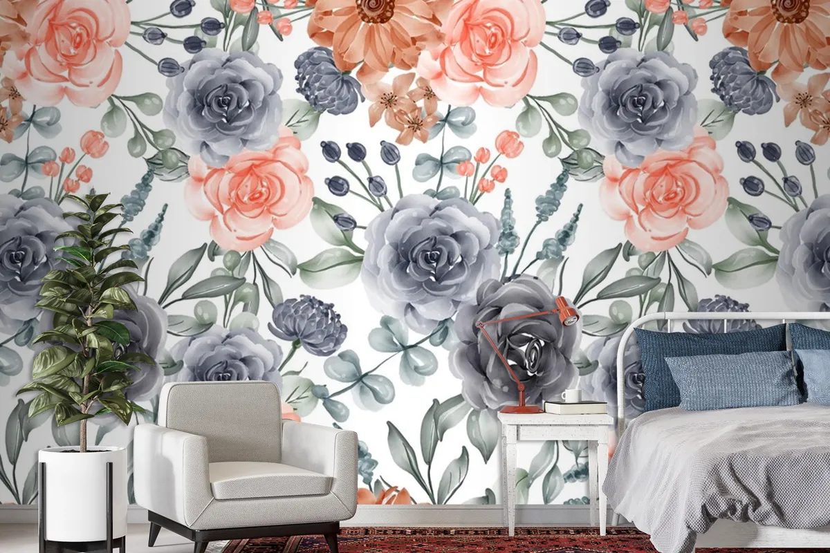 Watercolor Background Seamless Pattern Flower Navy And Peach Wallpaper Mural