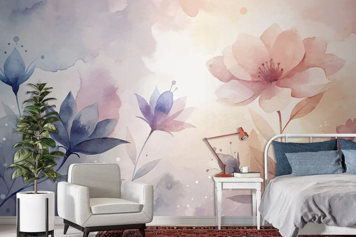 Watercolor Background With Minimalist Soft Silhouette Flowers Wallpaper Mural