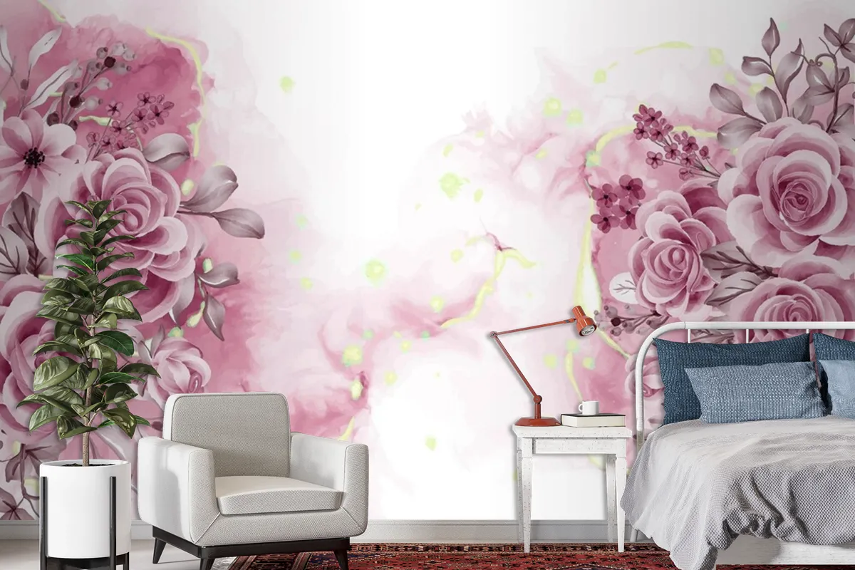 Watercolor Background With Rose Gold Flowers And Leaves Wallpaper Mural